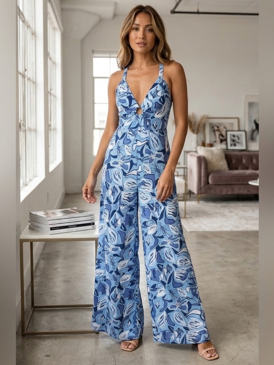 Sincerly Jules Pants - Sincerely Jules Blue White Abstract Print Wide Leg Jumpsuit Size Small